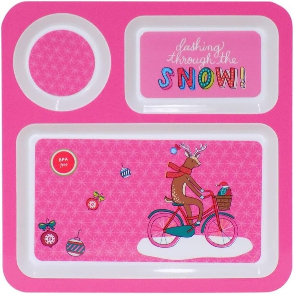 Childrens Christmas Divided Compartment Square Hard Plastic Pink Reindeer Tray
